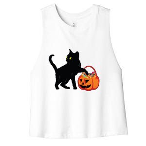 Black Cat Halloween Pumpkin Women's Racerback Cropped Tank