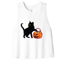 Black Cat Halloween Pumpkin Women's Racerback Cropped Tank