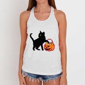 Black Cat Halloween Pumpkin Women's Knotted Racerback Tank