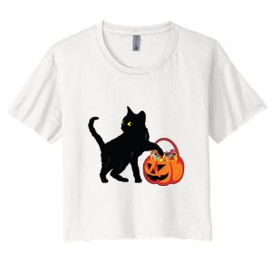 Black Cat Halloween Pumpkin Women's Crop Top Tee