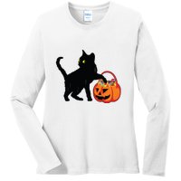 Black Cat Halloween Pumpkin Ladies Long Sleeve Shirt