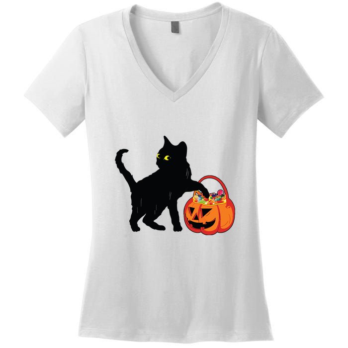 Black Cat Halloween Pumpkin Women's V-Neck T-Shirt