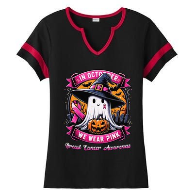 Breast Cancer Halloween In October We Wear Pin.K Ghost Witch Ladies Halftime Notch Neck Tee