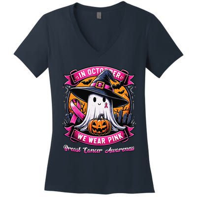 Breast Cancer Halloween In October We Wear Pin.K Ghost Witch Women's V-Neck T-Shirt