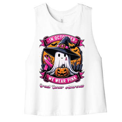 Breast Cancer Halloween In October We Wear Pin.K Ghost Witch Women's Racerback Cropped Tank