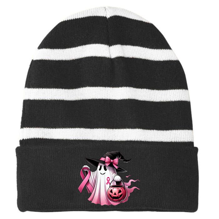 Breast Cancer Halloween Front And Back Striped Beanie with Solid Band