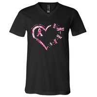 Breast Cancer Heart Dragonflies Awareness V-Neck T-Shirt