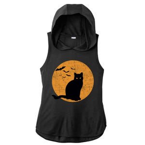 Black Cat Halloween Moon Ladies PosiCharge Tri-Blend Wicking Draft Hoodie Tank