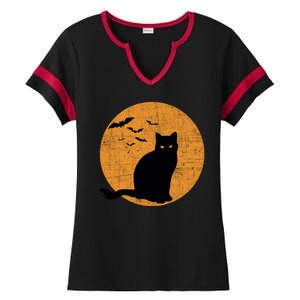 Black Cat Halloween Moon Ladies Halftime Notch Neck Tee