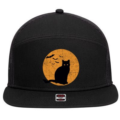 Black Cat Halloween Moon 7 Panel Mesh Trucker Snapback Hat