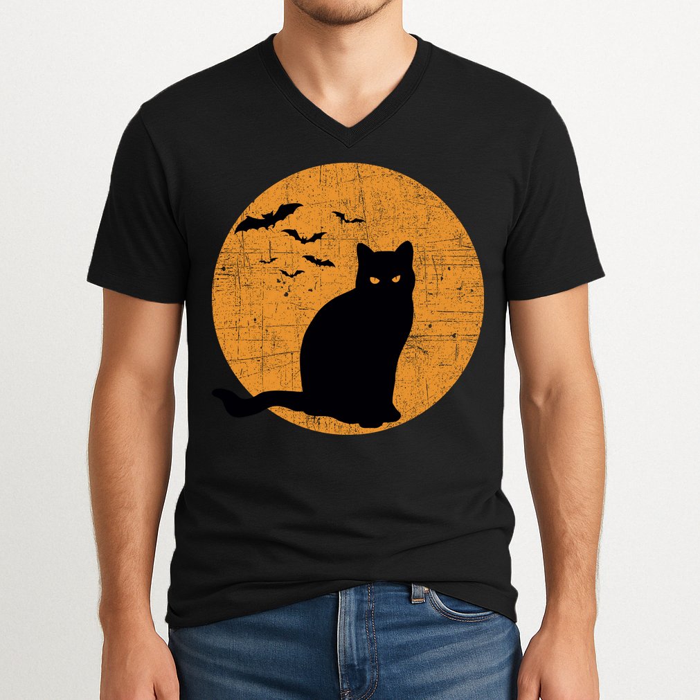 Black Cat Halloween Moon V-Neck T-Shirt