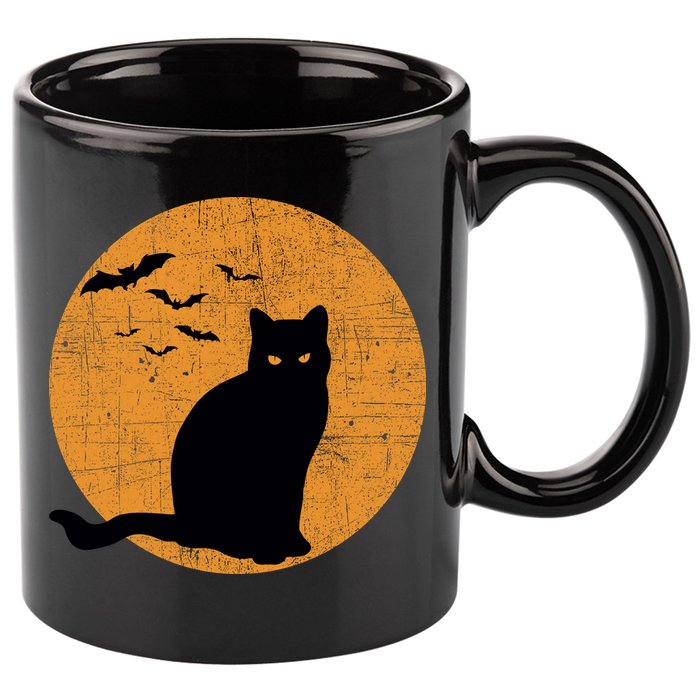 Black Cat Halloween Moon 11oz C Handle Ceramic Mug
