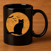 Black Cat Halloween Moon 11oz C Handle Ceramic Mug