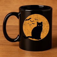 Black Cat Halloween Moon 11oz C Handle Ceramic Mug