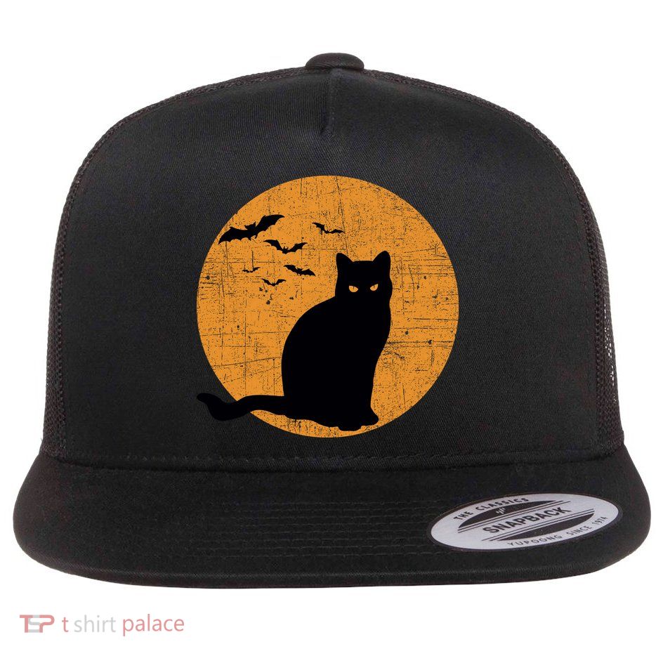 Black Cat Halloween Moon Flat Bill Trucker Hat