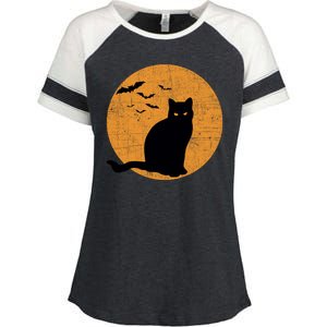 Black Cat Halloween Moon Enza Ladies Jersey Colorblock Tee