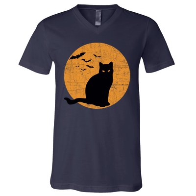 Black Cat Halloween Moon V-Neck T-Shirt