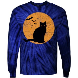 Black Cat Halloween Moon Tie-Dye Long Sleeve Shirt