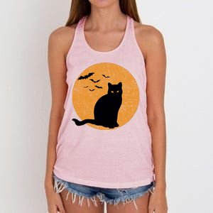 Black Cat Halloween Moon Women's Knotted Racerback Tank