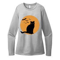 Black Cat Halloween Moon Womens CVC Long Sleeve Shirt