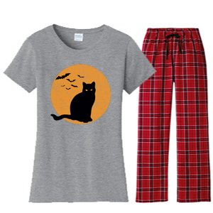 Black Cat Halloween Moon Women's Flannel Pajama Set