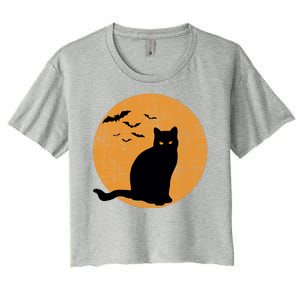 Black Cat Halloween Moon Women's Crop Top Tee