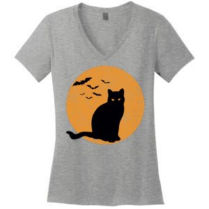 Black Cat Halloween Moon Women's V-Neck T-Shirt