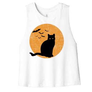 Black Cat Halloween Moon Women's Racerback Cropped Tank