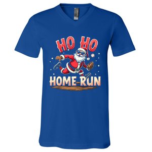 Baseball Christmas Ho Ho Home Run Santa Playing Baseball Gift V-Neck T-Shirt