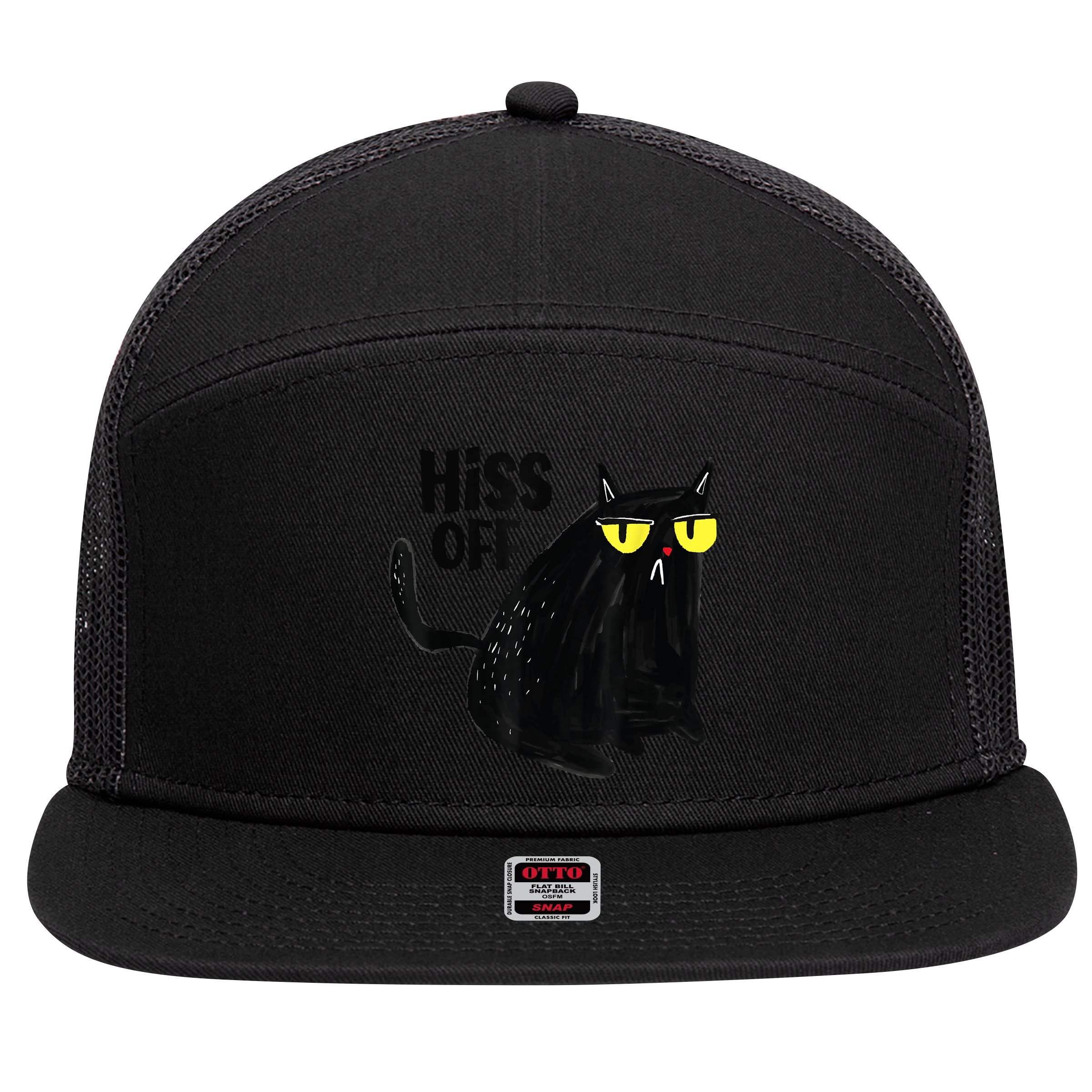 Black Cat Hiss Off Meow Cat Gifts 7 Panel Mesh Trucker Snapback Hat