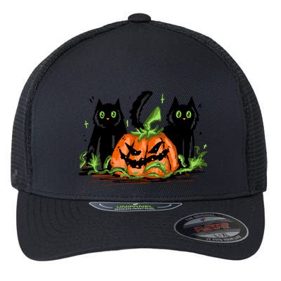 Black Cat Halloween Cute Pumpkin Flexfit Unipanel Trucker Cap