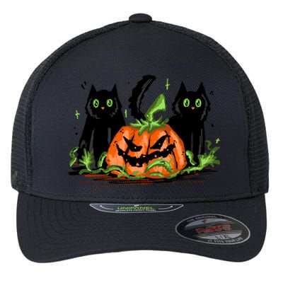 Black Cat Halloween Cute Pumpkin Flexfit Unipanel Trucker Cap