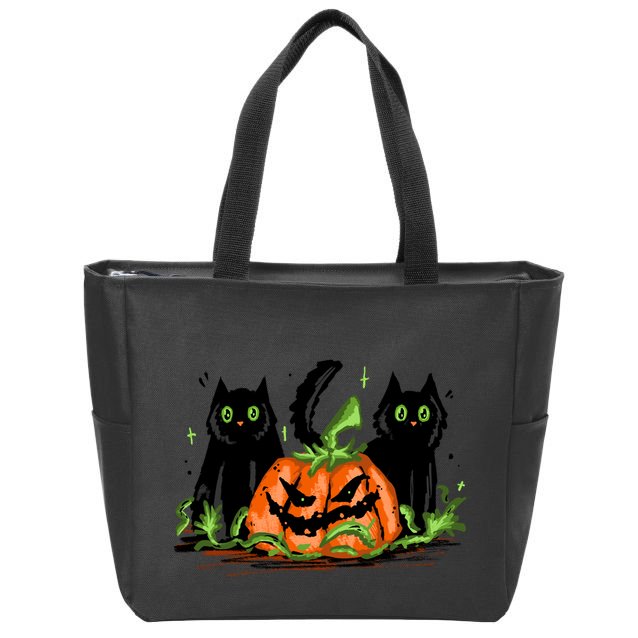 Black Cat Halloween Cute Pumpkin Zip Tote Bag