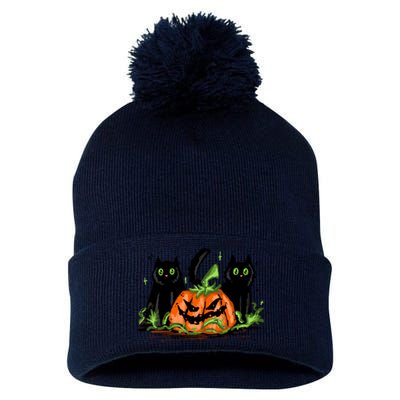 Black Cat Halloween Cute Pumpkin Pom Pom 12in Knit Beanie