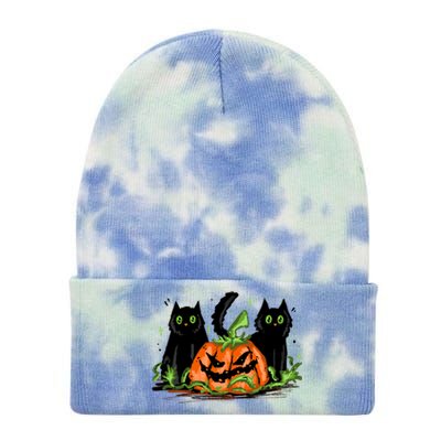 Black Cat Halloween Cute Pumpkin Tie Dye 12in Knit Beanie