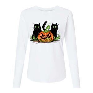 Black Cat Halloween Cute Pumpkin Womens Cotton Relaxed Long Sleeve T-Shirt