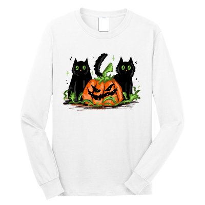 Black Cat Halloween Cute Pumpkin Long Sleeve Shirt