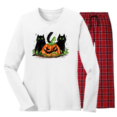 Black Cat Halloween Cute Pumpkin Women's Long Sleeve Flannel Pajama Set 