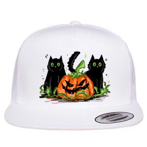 Black Cat Halloween Cute Pumpkin Flat Bill Trucker Hat