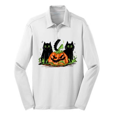 Black Cat Halloween Cute Pumpkin Silk Touch Performance Long Sleeve Polo