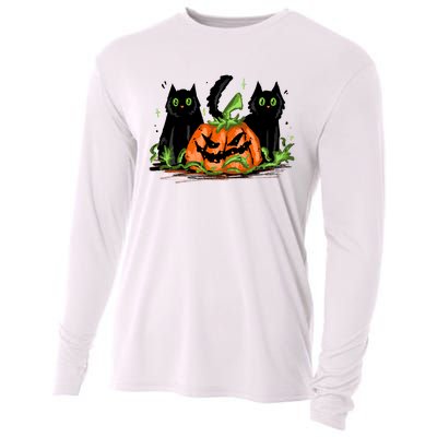 Black Cat Halloween Cute Pumpkin Cooling Performance Long Sleeve Crew