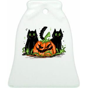 Black Cat Halloween Cute Pumpkin Ceramic Bell Ornament