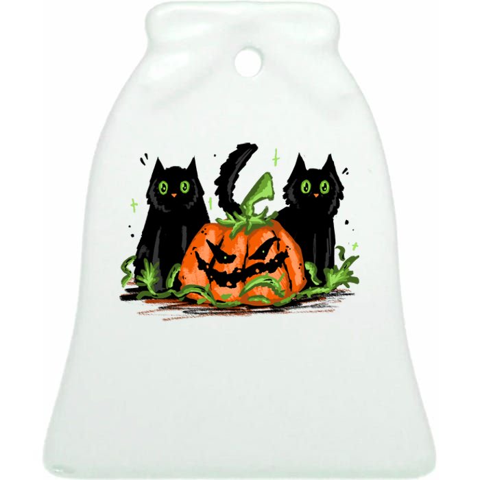 Black Cat Halloween Cute Pumpkin Ceramic Bell Ornament