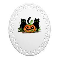 Black Cat Halloween Cute Pumpkin Ceramic Oval Ornament