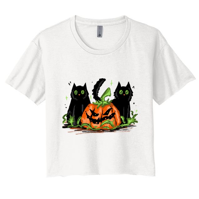Black Cat Halloween Cute Pumpkin Crop Top