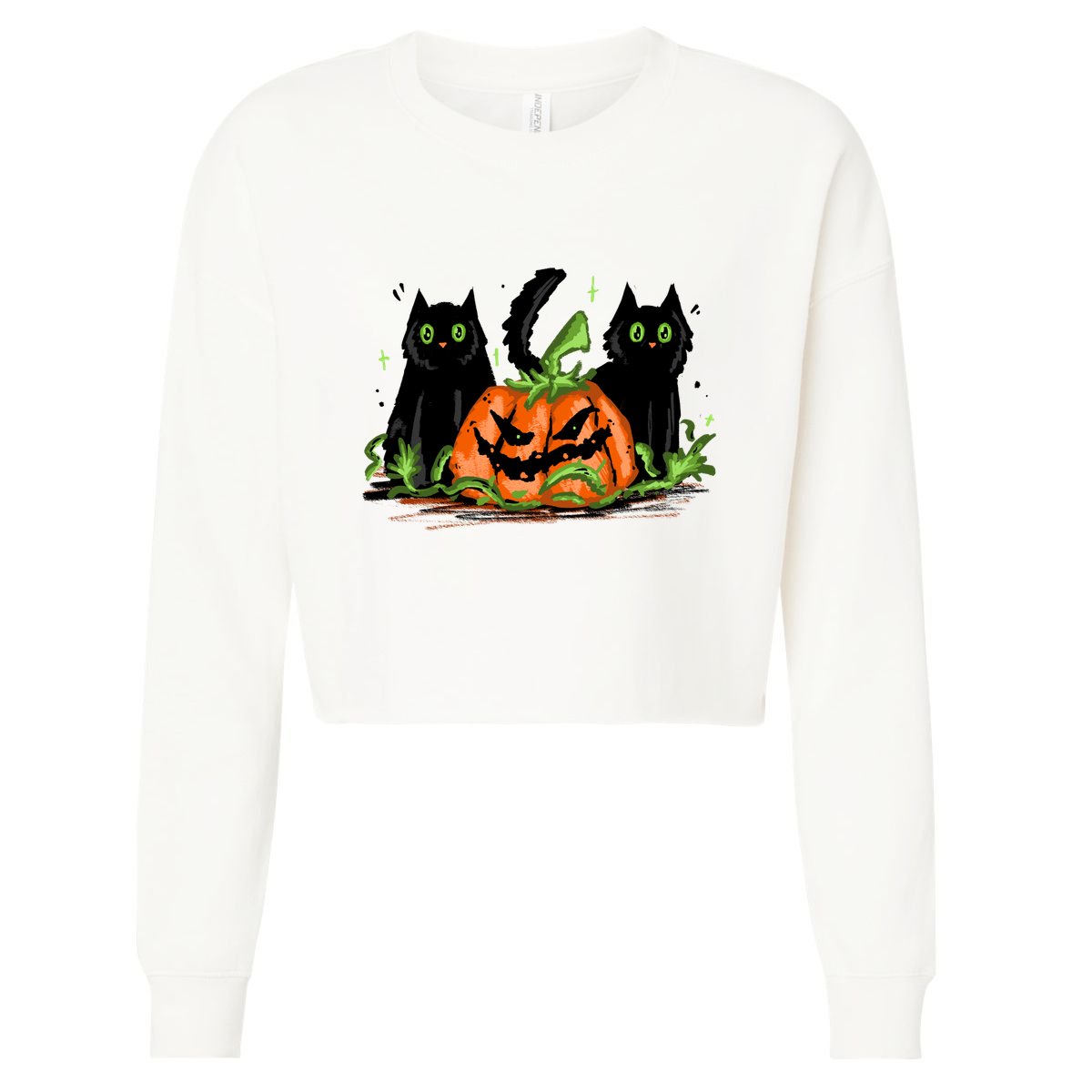 Black Cat Halloween Cute Pumpkin Cropped Pullover Crew