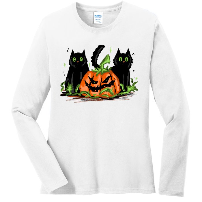 Black Cat Halloween Cute Pumpkin Ladies Long Sleeve Shirt