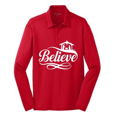 Believe Christmas Holiday Jesus Faith Xmas Holiday Silk Touch Performance Long Sleeve Polo