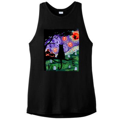 Black Cat Halloween Scary Night Cat Pumpkin Art Gift Ladies PosiCharge Tri-Blend Wicking Tank