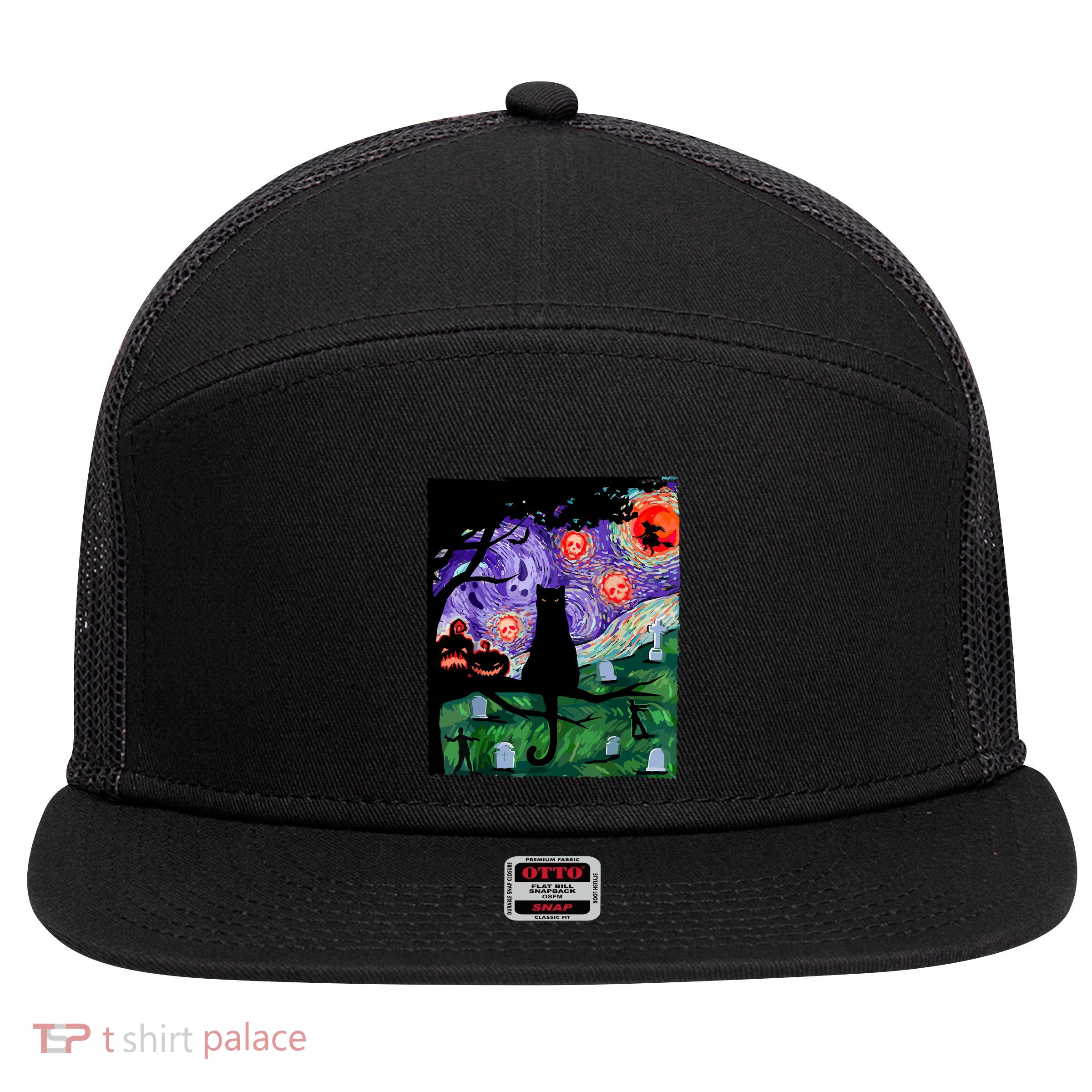 Black Cat Halloween Scary Night Cat Pumpkin Art Gift 7 Panel Mesh Trucker Snapback Hat